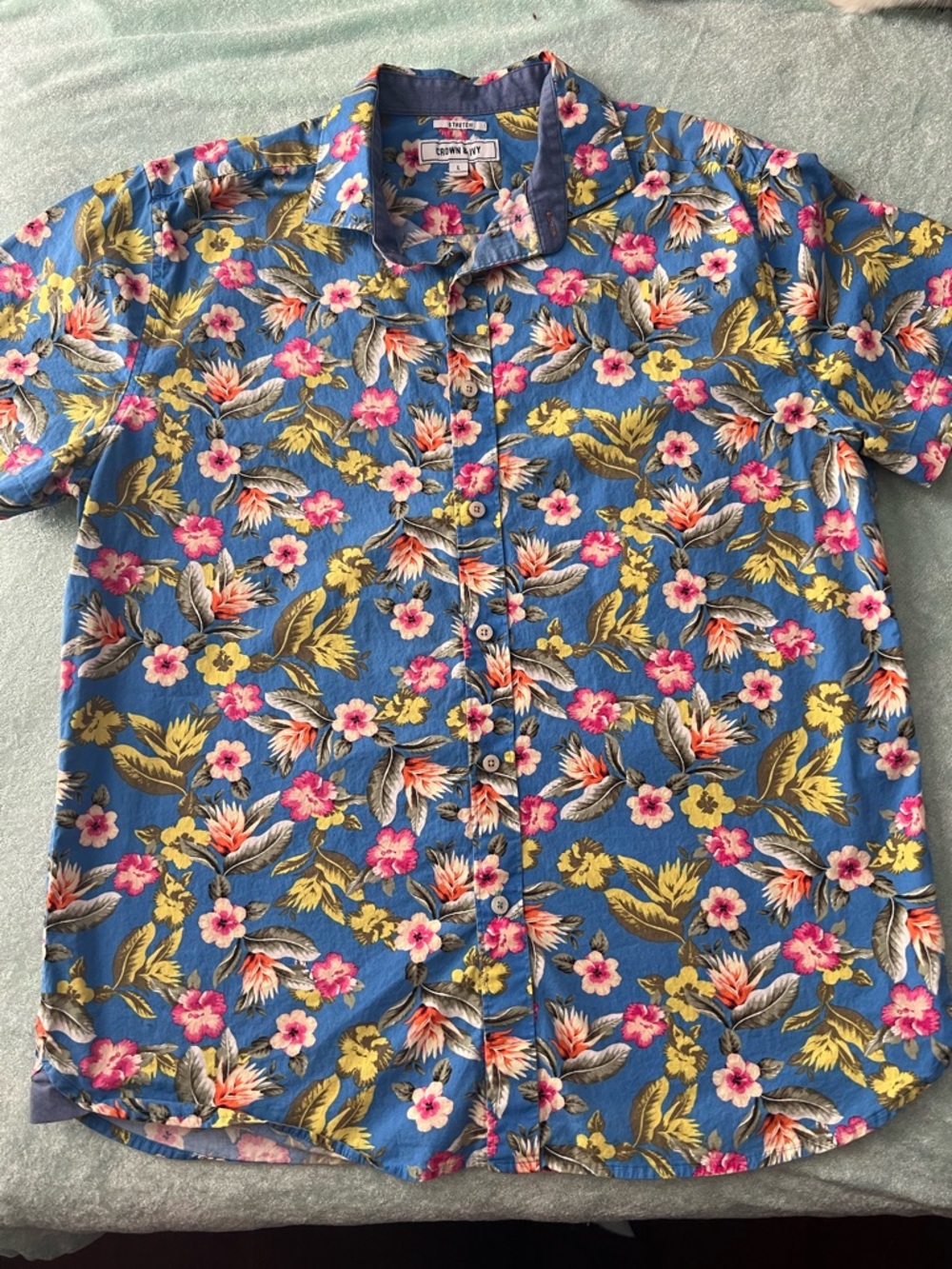 crown & ivy Blue Hawaiian Floral Short-Sleeve Button-Down Shirt L